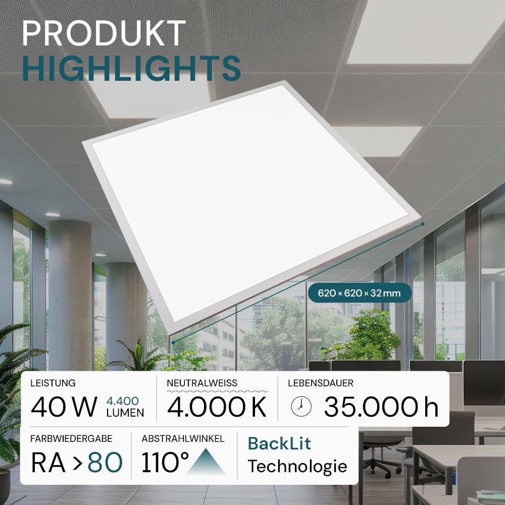 LUXULA LED BackLit Panel, 62x62 cm, IP44, 40W, 4400lm, 4000K Neutralweiß, 110° Abstrahlwinkel, LED Deckenleuchte, Büro und Küche, Rasterdecke 62x62, Deckenplatten 62x62, inkl. ENEC Marken-Netzteil