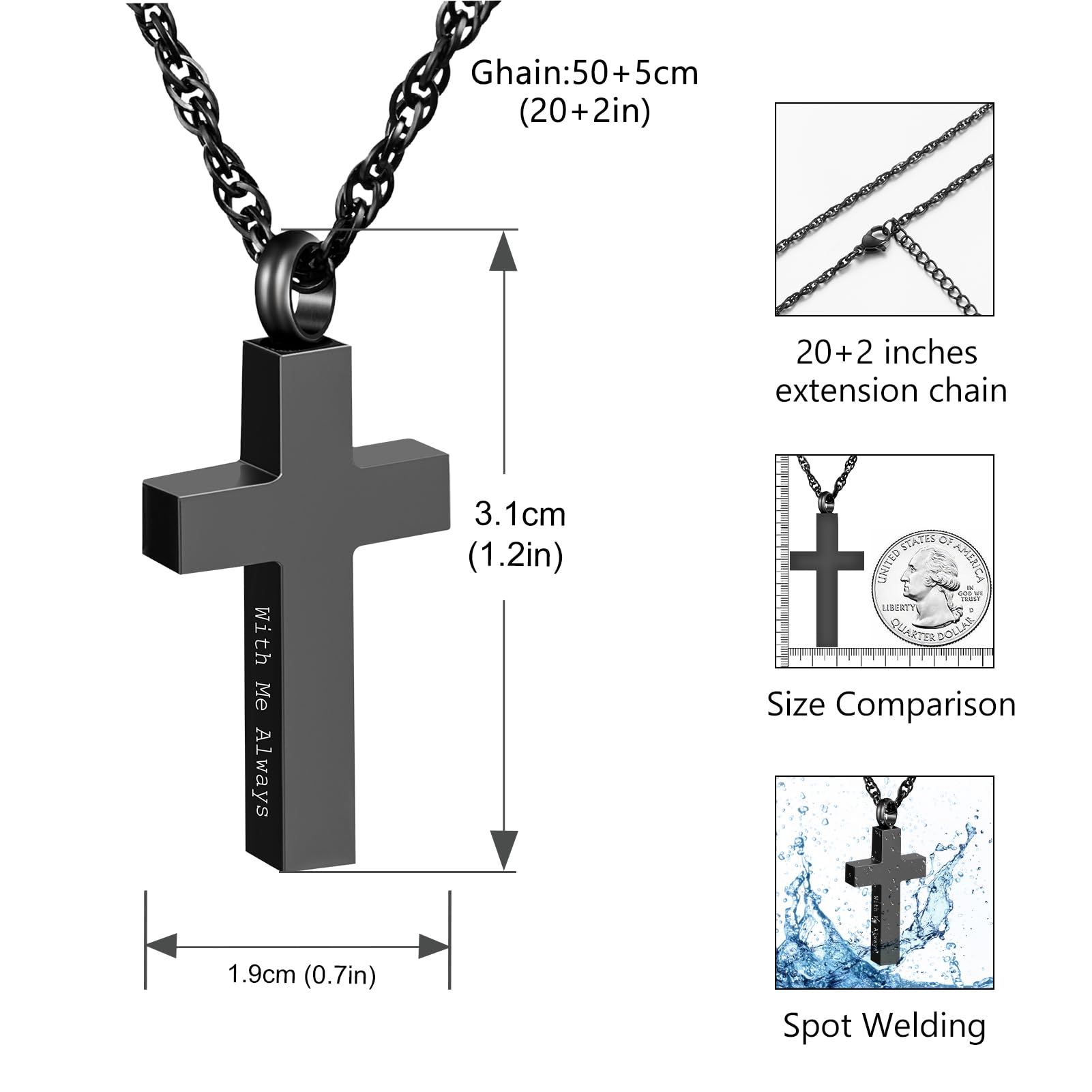 Dletay Cremation Cross Necklace for Ashes Stainless Steel Cremation Jewelry Urn Pendant Ashes Holder Memorial Urn Necklace-With Me Always