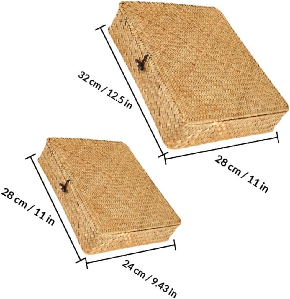 Woven Seagrass Storage Baskets with Lids 2pcs Set Flat Organizer Bins for Pantry and Home Storage for Snacks and Small Items