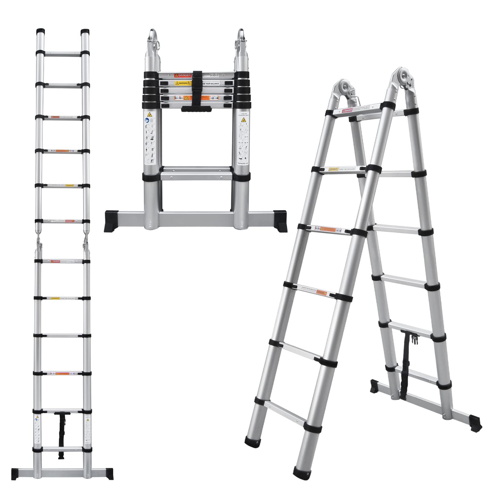 A-Frame Telescoping Ladder 12.5ft, 2-in-1 Folding Ladder Adjustable Height 6 + 6 Steps, Home Ladder with Stabilizer Bar, 330lbs Max Load, Folded Height 2.84ft, Space Saving, Easy to Transport
