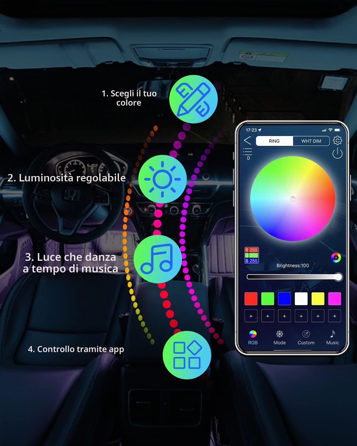 Striscia LED per interni auto, controllo tramite applicazione, illuminazione 5 in 1 con fibra ottica RGB da 6 m, 16 milioni di colori, sincronizzazione con musica