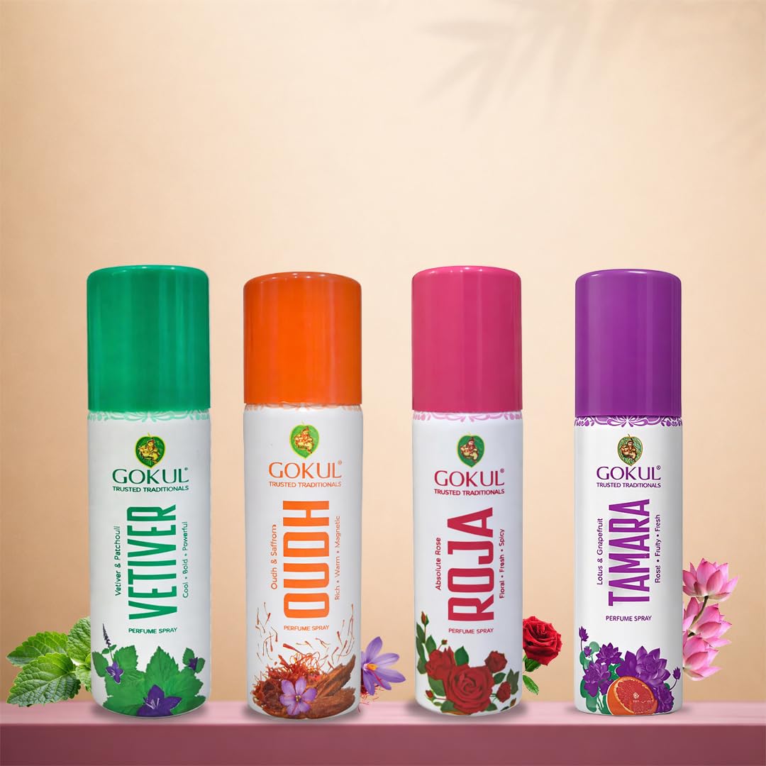 Gokul Mini Perfume Combo Set of 4 (Oudh, Lotus & Grapefruit, Rose, Vetiver) | Long Lasting Perfume Spray for Men & Women | Travel Size Gift Set-image-39