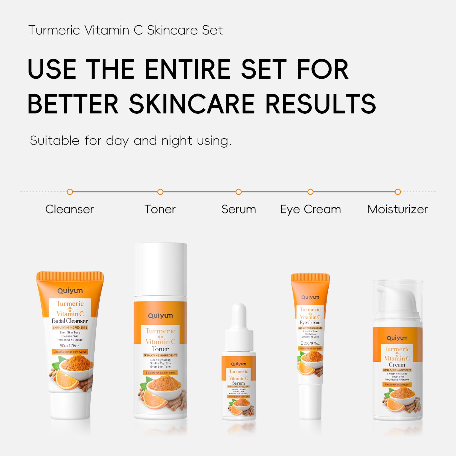 QUIYUM Set Cuidado Facial con Cúrcuma y Vitamina C, Kit de Regalo Skincare | para Mujer, Hidratante, Control de Grasa e Iluminador para Todo Tipo de Piel