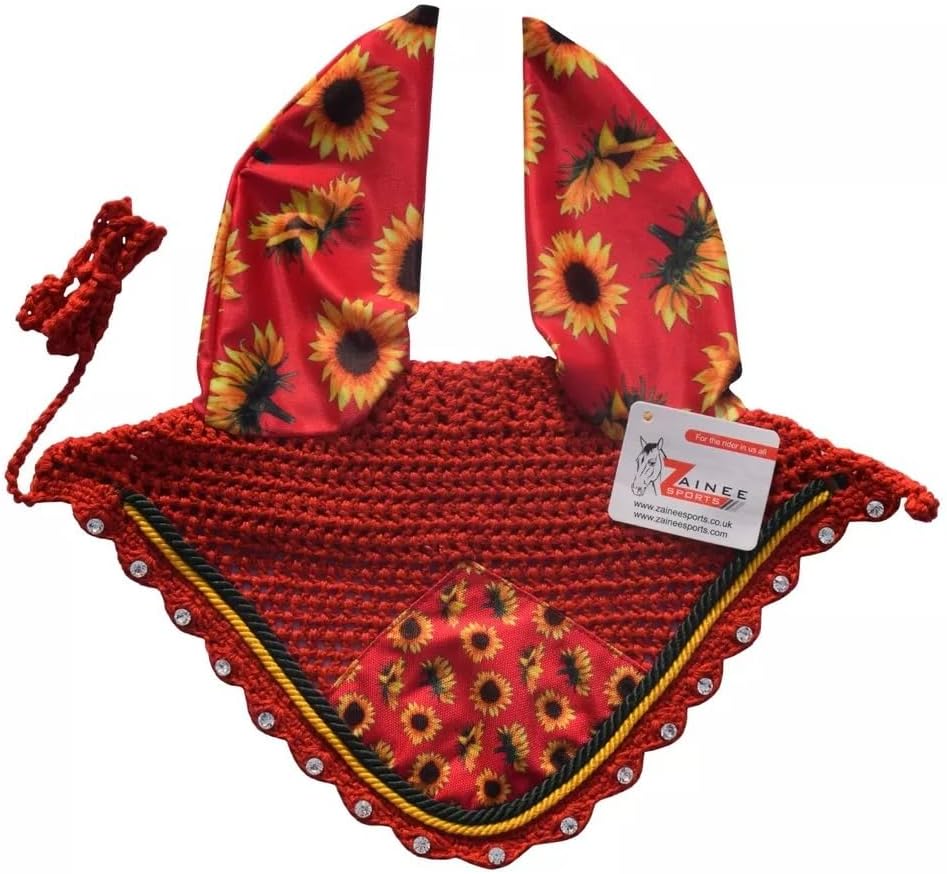 Red Sunflower All Purpose English Saddle Pad with Matching Fly Bonnet – Handmade Jumping Saddle Pad Set