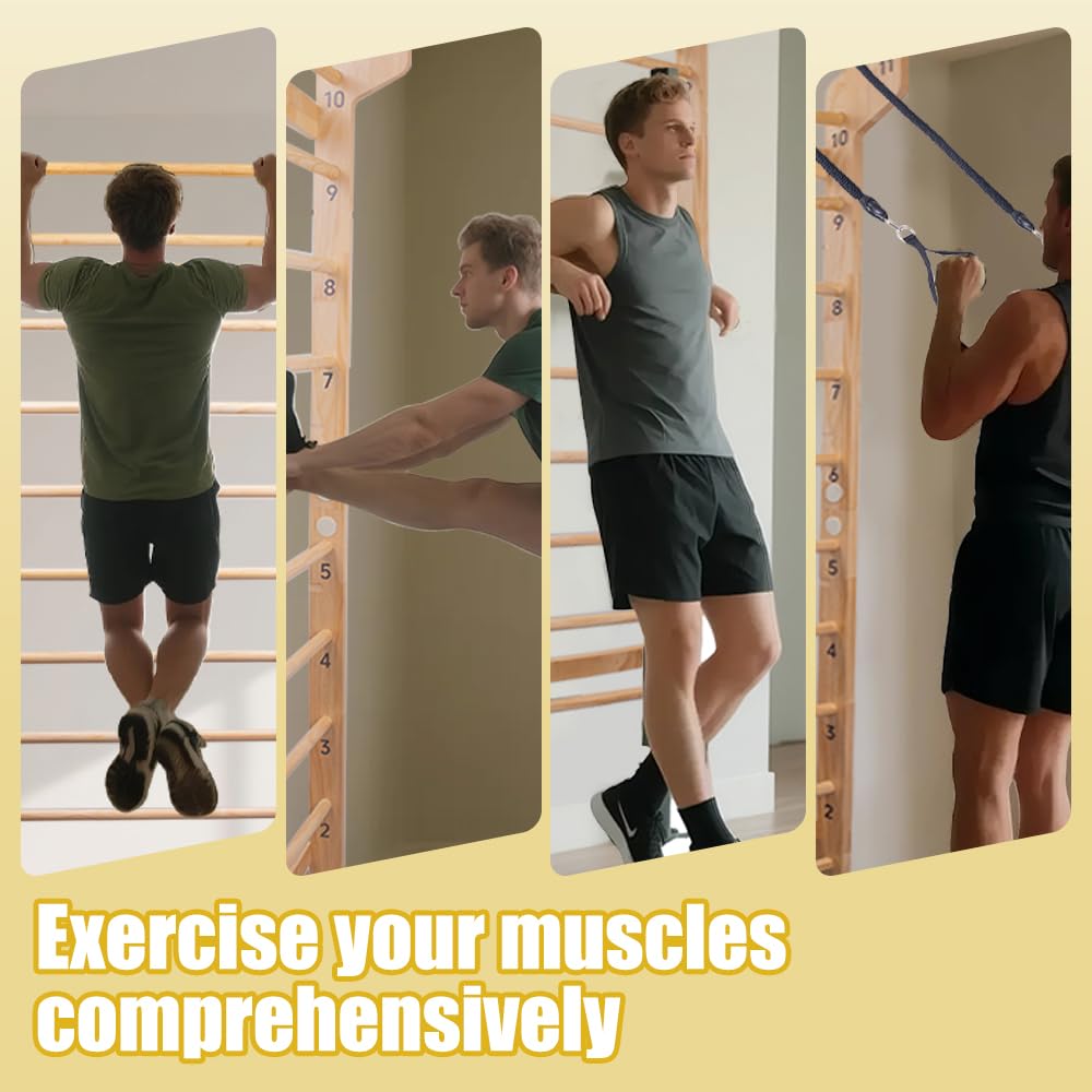 Wood Swedish Ladder with 11 Strategic Rods,Withstands up to 330 lbs,Stall Bar,Include Exercise Straps+Pull-Up Resistance Band+Pull-Up Bar,31.5”*86.6”,Wall Mounted,Stretching and Various Exercises,Indoor Home School Gym Fitness
