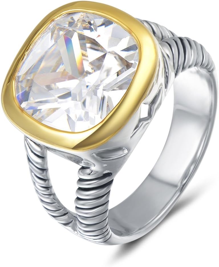 UNY JEWEL Twisted Cable Wire Two Tone Cusion Cut CZ Statement Ring Designer Inspired Fashion Love Antique Women Jewelry Gift