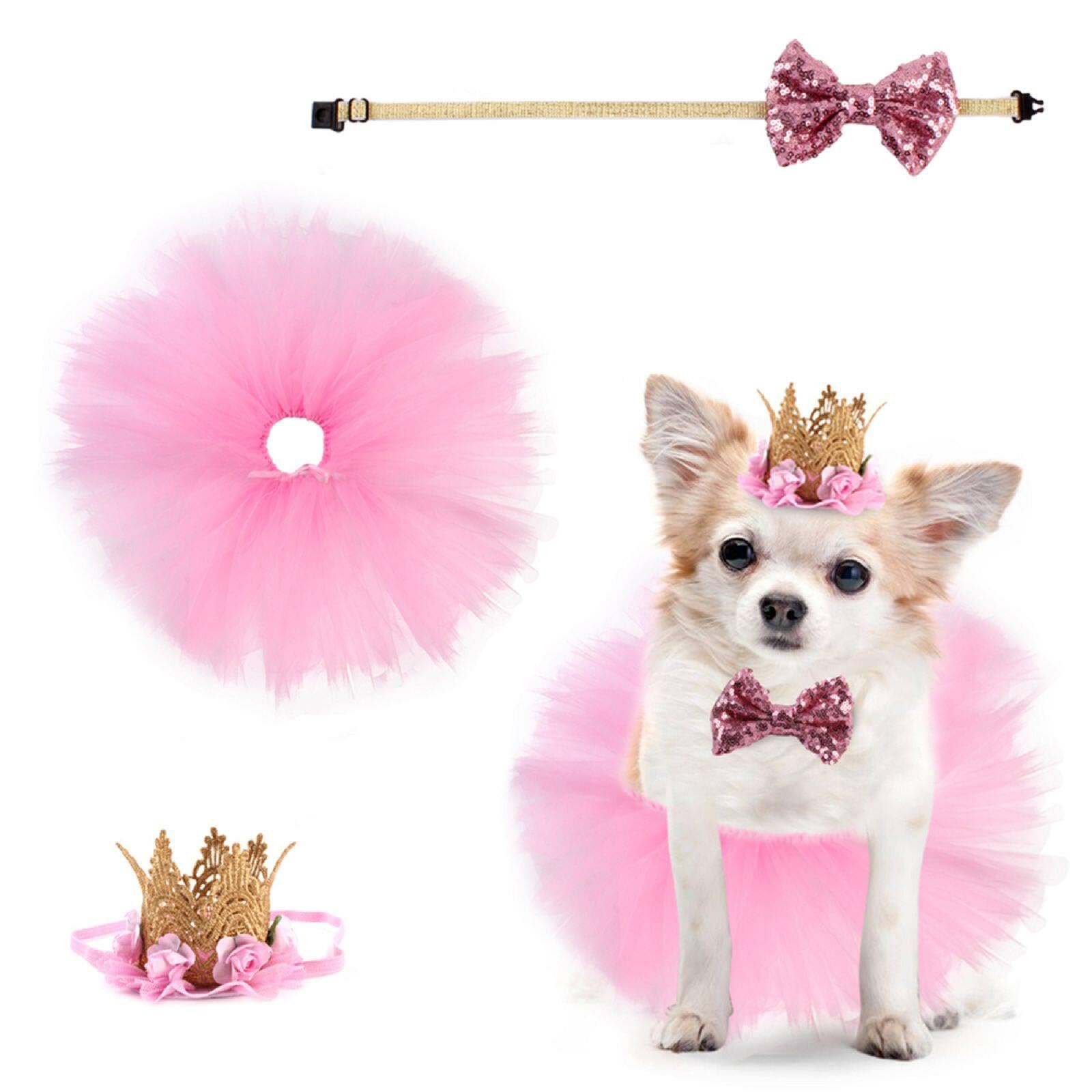 Zjyufy Dog Girl Tutu Skirt Puppy Girl Birthday Party Supplies Pet Cute Hat Bowtie Skirt for Small Dogs Girl Cat Puppy Kitty Wedding