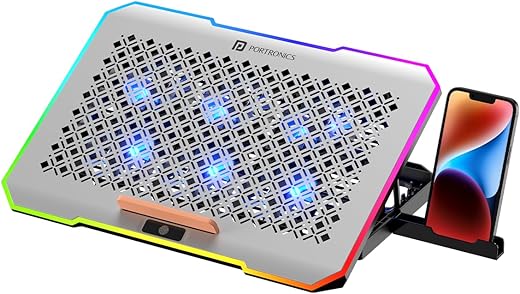 Portronics My Buddy Air Pro Laptop Cooling Pad with 6 Cooling Fans, 5-Level Angle & Height Adjustable, 10 RGB Light Modes, Mobile Stand, USB…