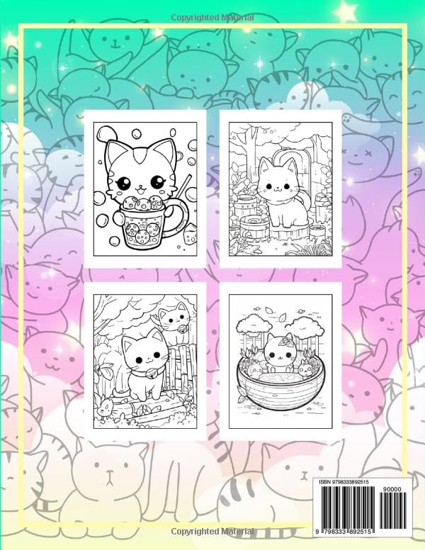 Anime Kawaii Cat Coloring Book: For Stress and Anxiety Relief – Cute Kitties Drinking Bubble Tea, Climbing Tree, Kittens Playing in the Pool and Many More Fun Activities image 3