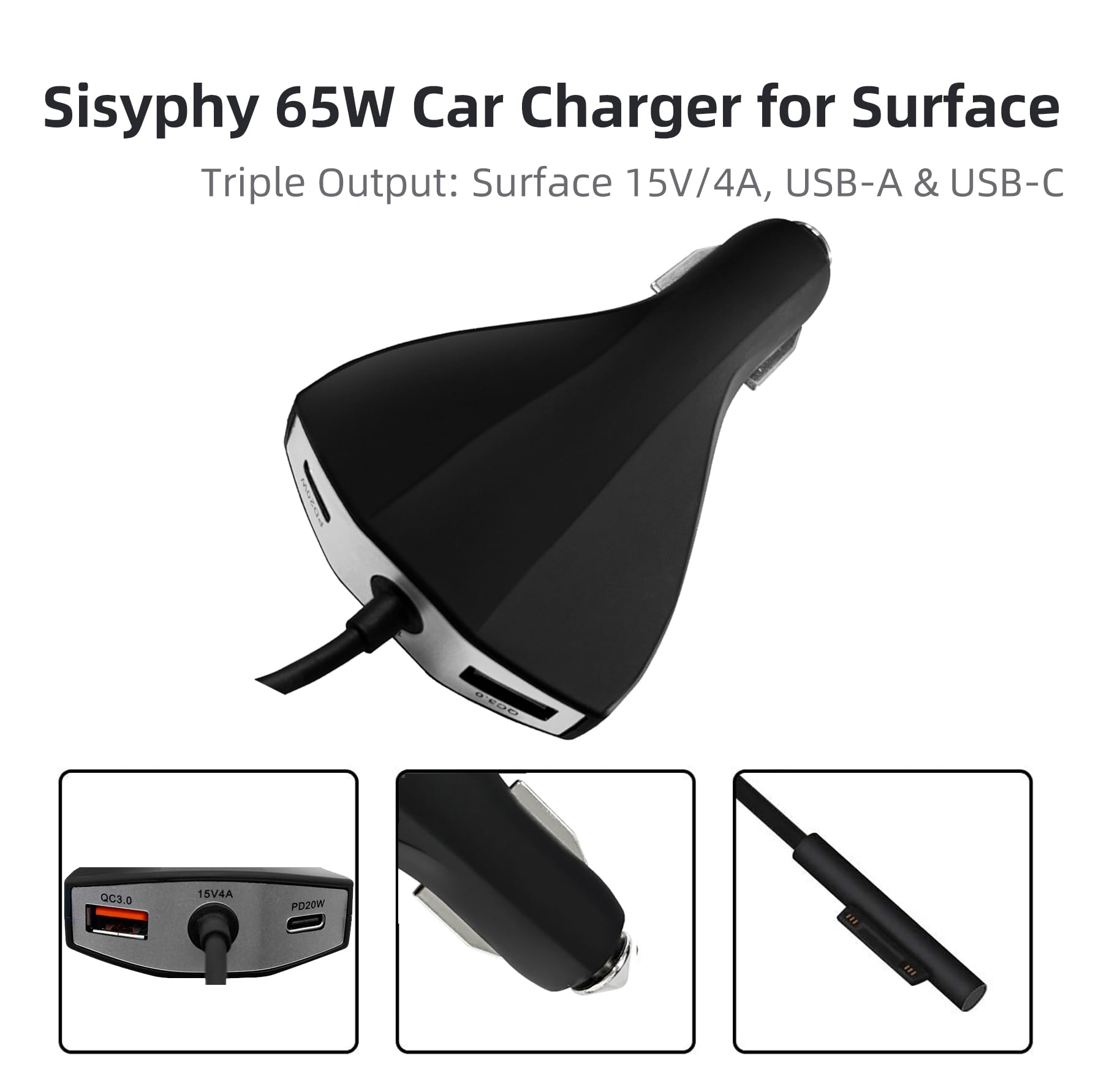 Surface Pro, caricabatteria da auto 65 W 15 V4 A, adattatore Sisyphy DC per veicoli con porte USB-A e USB-C, compatibile con Microsoft Surface Pro 11/10/7/6/5/4/3 Surface Go 3/2/1 Laptop 7/6/5/4/1