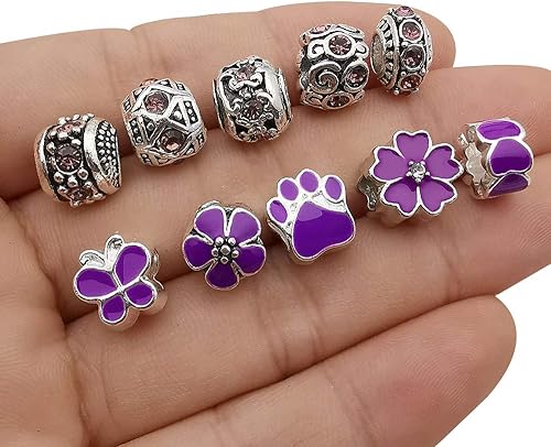 Miniatura 6 de 50 piezas surtidas de cristal de imitación de resina morada europea con agujeros grandes con diamantes de imitación de metal, dijes espaciadores de