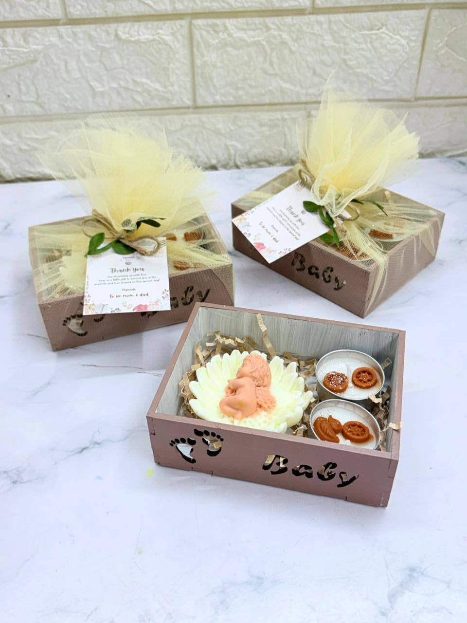 Baby Shower Hamper | Soap and Tlight Combo | 3 Tray Set | MDF Tray, Net & Card Packing, Bloom Theme Pink & Blue Colour, 100% Soy Scented Candles and Handmade Soap (Beige)-image-48