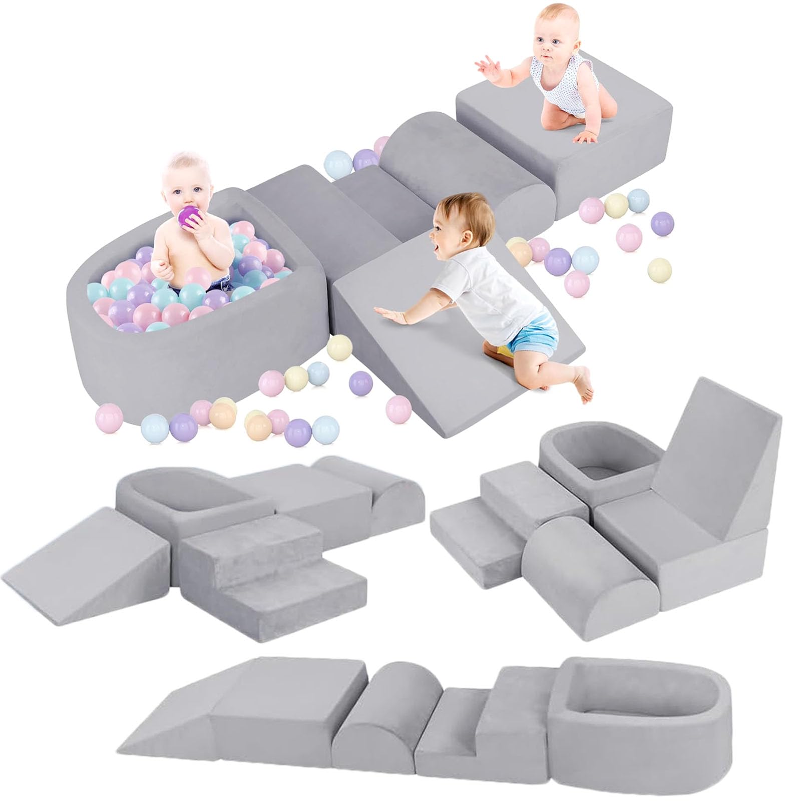 foam climbing blocks for toddler, toddler climbing toys indoor, kid baby climbing toys blocks with ball pit for baby, soft play set playground (balls not included) (grey)