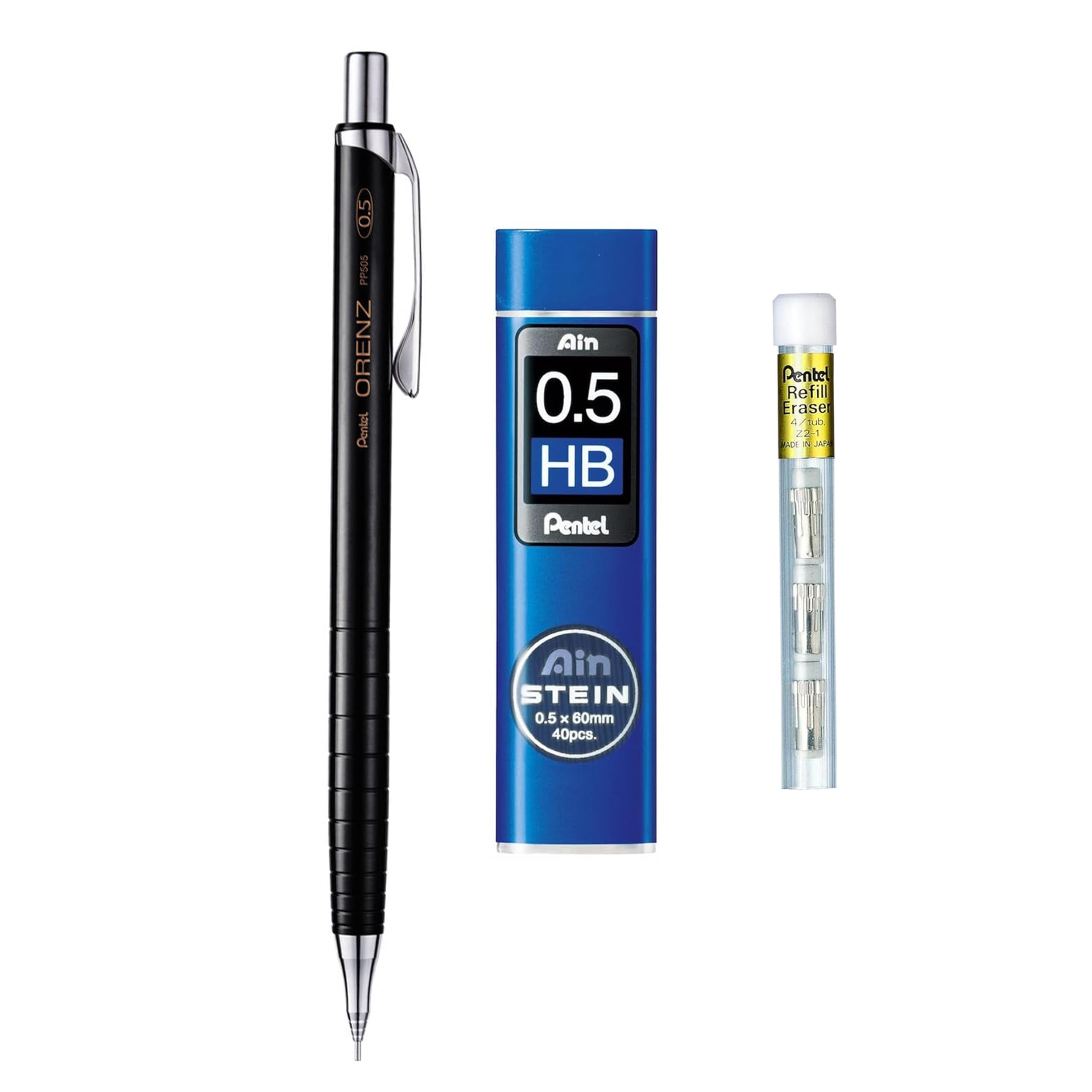 Pentel Orenz - Portaminas de 0,5 mm, barril negro + minas de recambio Ain Stein de 0,5 mm HB + gomas de borrar de recambio