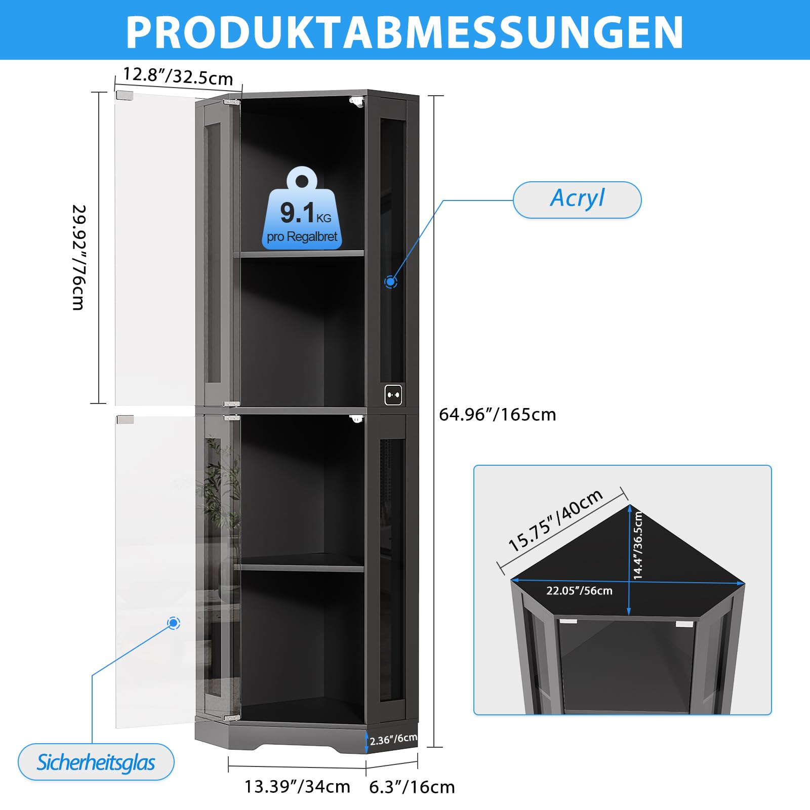 BROTTAR 165 cm Eck-Glasvitrine mit LED-Beleuchtung & 4-stufige Schauvitrine mit Glastüren und Human Body Sensor für Sammlerstücke, Spirituosen, Schwarz