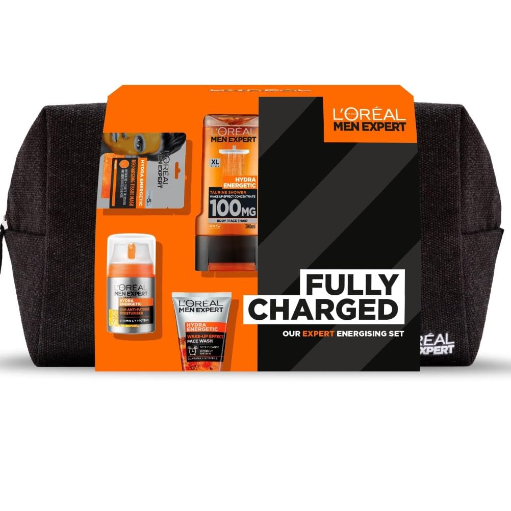 L'Oreal Men Expert Gift Set for Men, Hydra Energetic Fully Charged Washbag: Shower Gel, Moisturiser for Men, Sheet Face Mask and Face Wash
