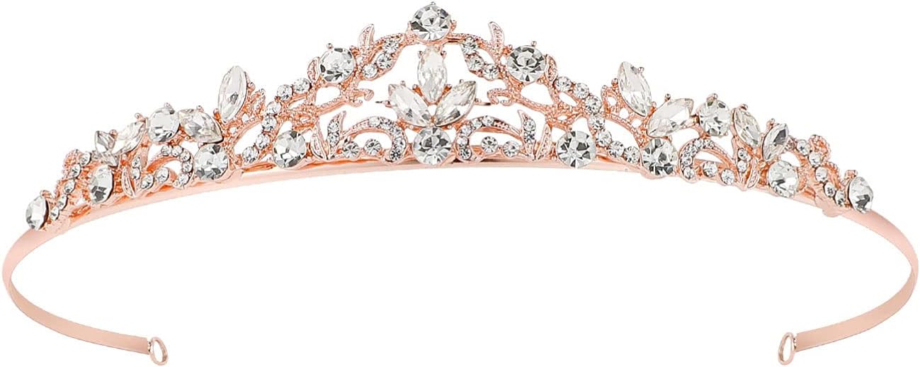 SOLUSTRE Vintage Princess Crown with Rhinestone Sparkly Crystal Bridal Tiara Princess Hair Pieces for Wedding Party Dress Up Performance Women Girls Hair Use (Rose Gold)