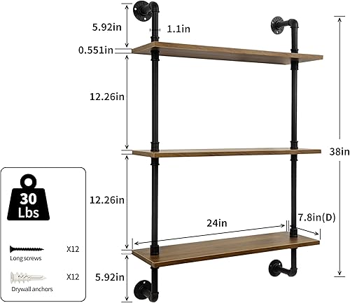Miniatura 3 de Estante flotante industrial de 3 niveles  Estante de almacenamiento de madera rústica de 24 pulgadas montado en la pared para cocina, oficina, baño