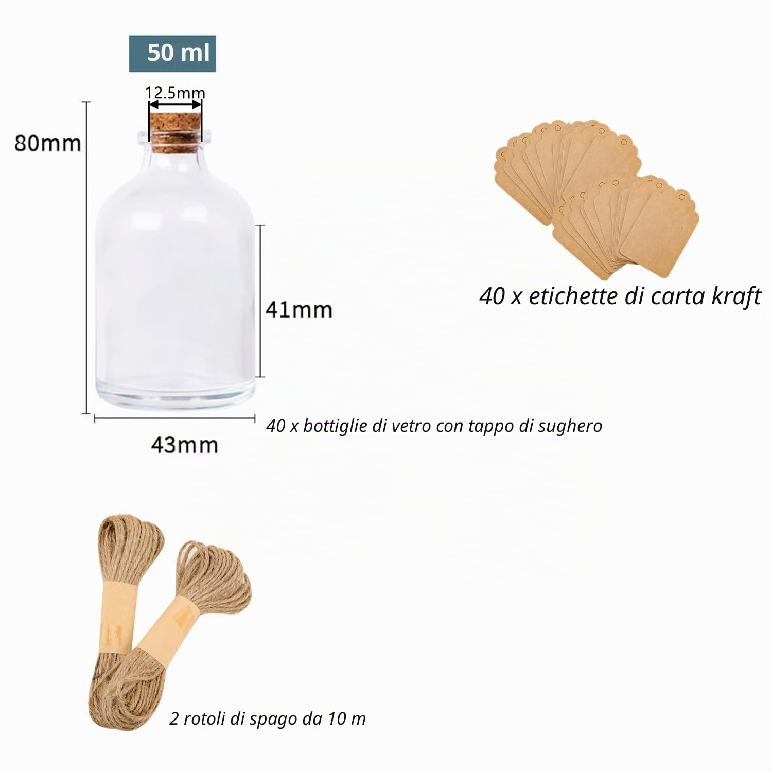 Confezione da 40 mini bottiglie in vetro tappo sughero, 50 ml, bomboniere nozze, etichette cordoncino