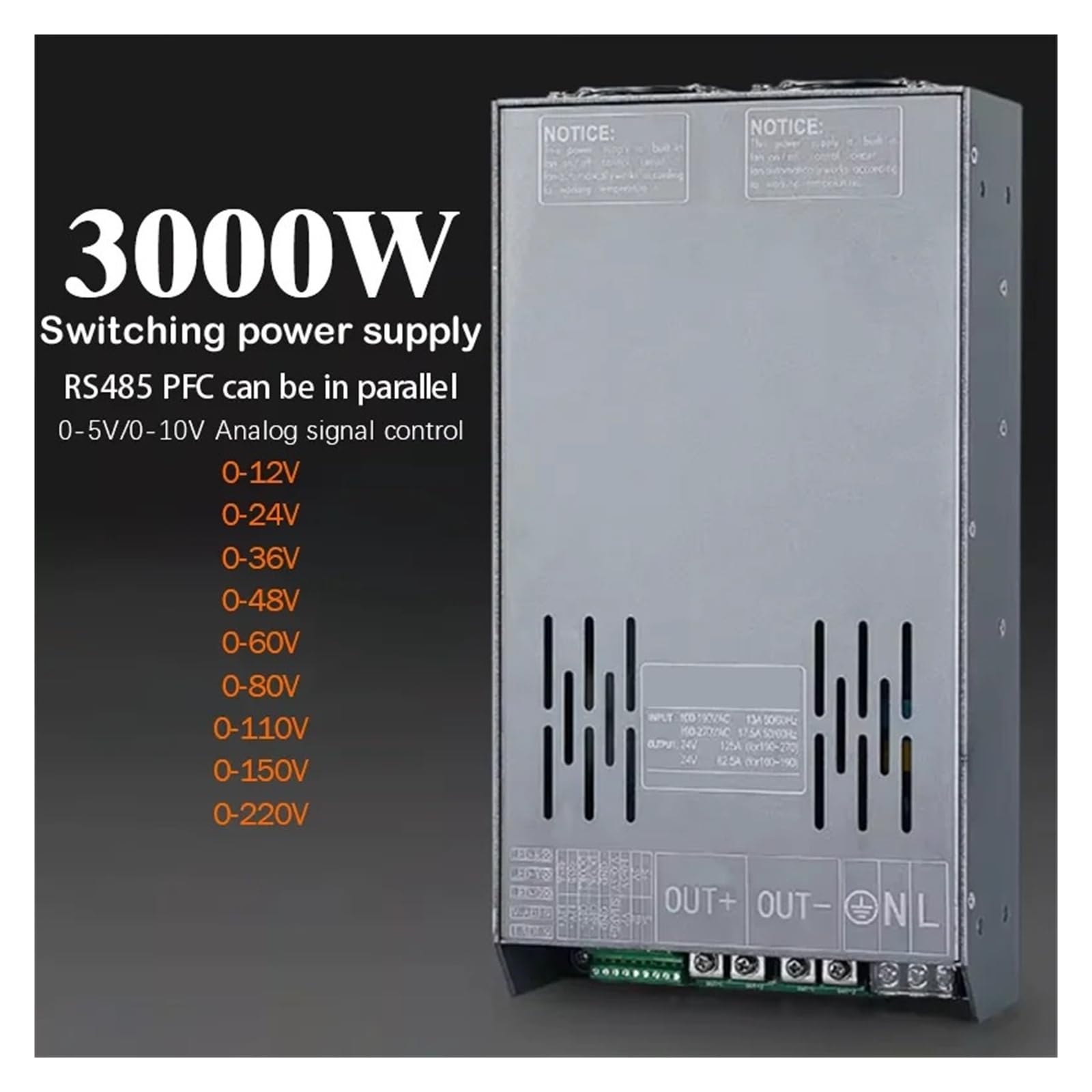 Regulowany zasilacz impulsowy o mocy 3 kW PFC 0–12 V do 220 V