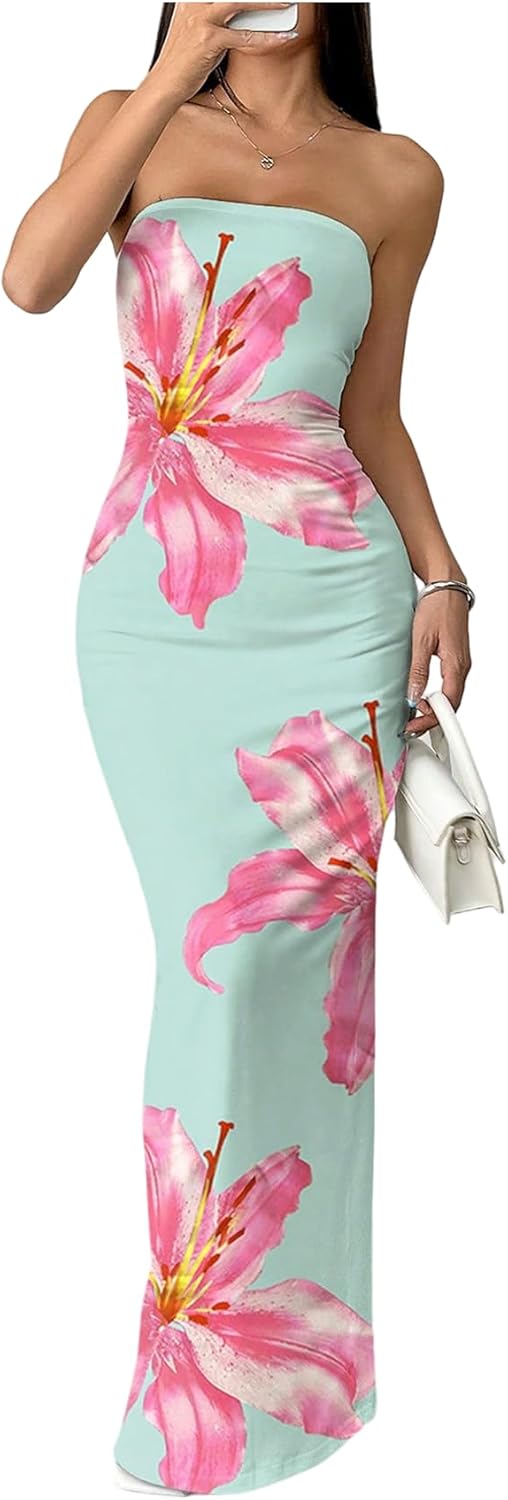 Floerns Women's Floral Print Strapless Tube Dress Bodycon Split Vacation Maxi Dresses
