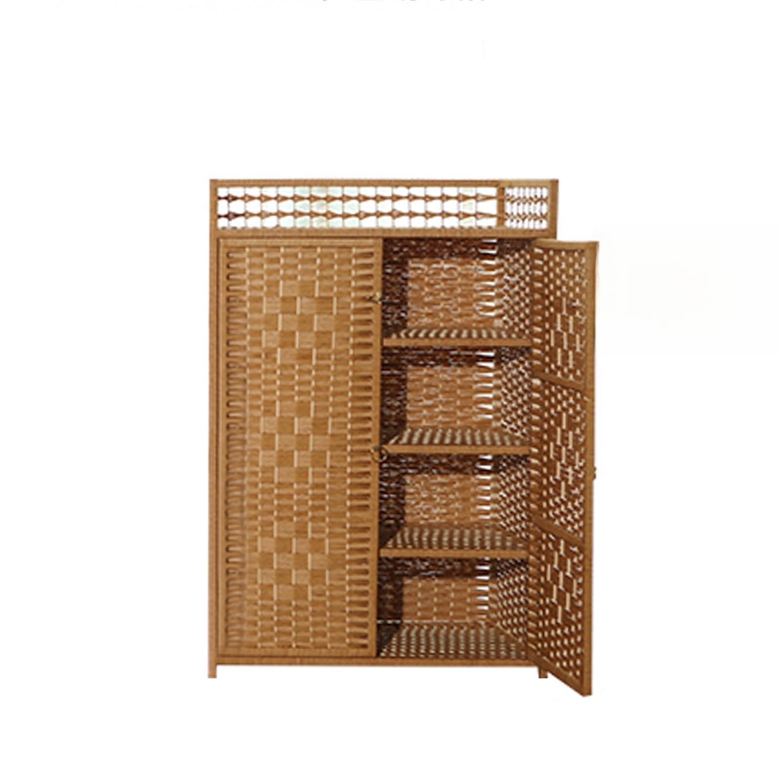 Smukły rattanowy stojak na buty nowoczesny design oszczędzający miejsce przechowywanie butów wielowarstwowe wejście do salonu kolor kawy stylowe i funkcjonalne rozwiązanie na obuwie