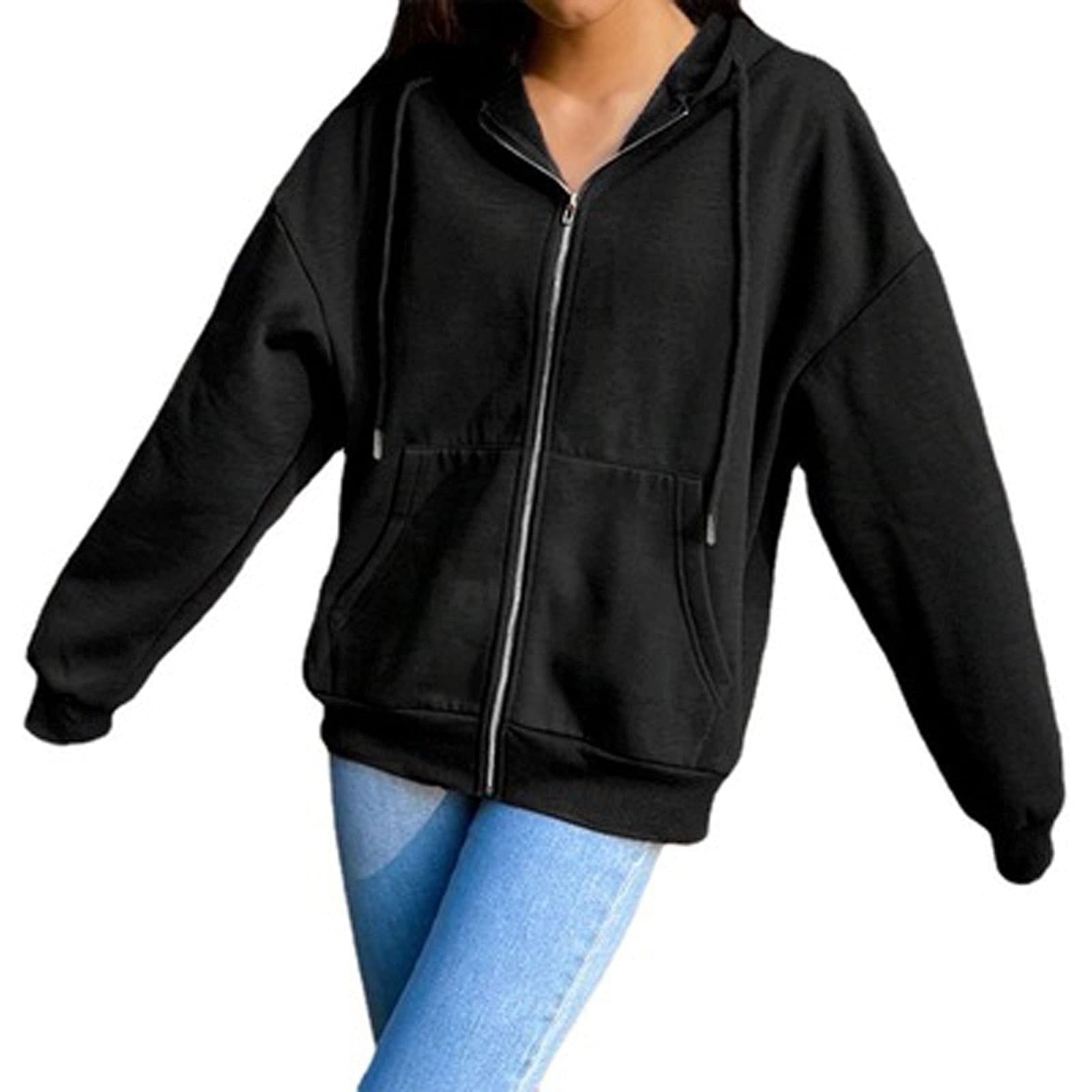 YokbeerWomen Zip Hoodies Oversize Pullover Girl Autumn Long Sleeve Sports Jacket Warm Sweatshirt with Pockets (Color : Black, Size : Large)