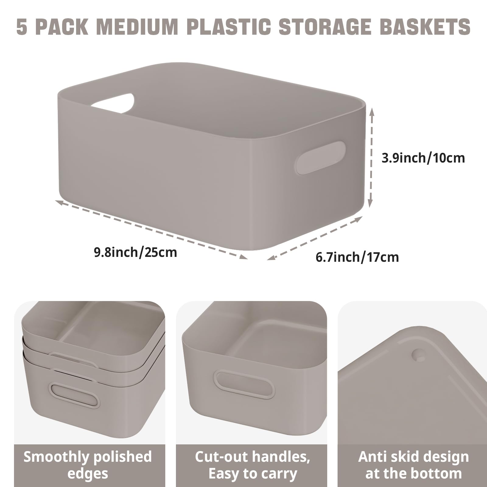 W&H 5 PCS Grey Plastic Storage Baskets with Handle, Medium Kitchen Cupboard Organiser Box, Under Sink Storage Boxes - Image 2
