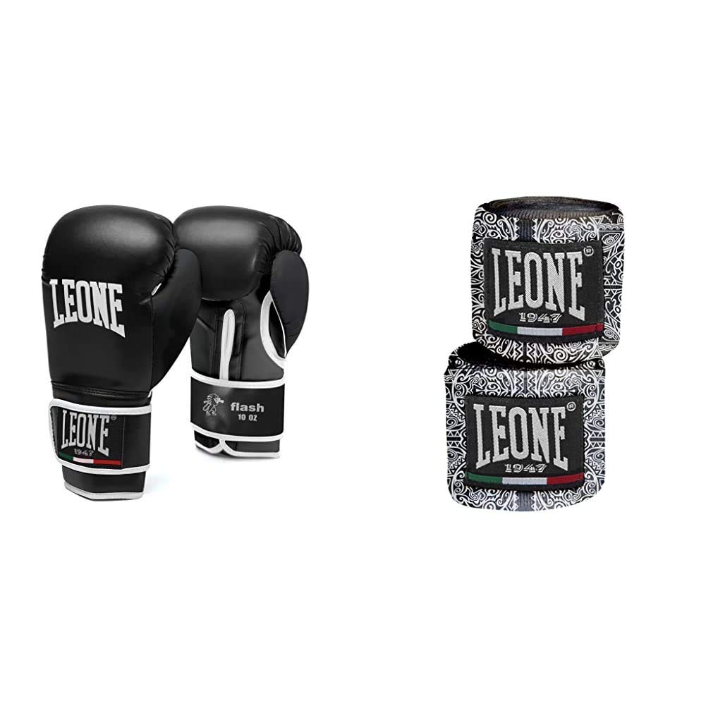 Guantes de boxeo Leone Flash en negro con vendas de diseño maorí de 350 cm 5