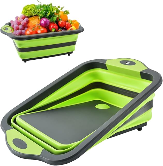 Collapsible Chopping Board,Multifunction Collapsible Washing up Bowl with Handles,Multifunction Chopping Board,Collapsible Cutting Board for Kitchen Household 4 in 1,Green/Blue (Green)