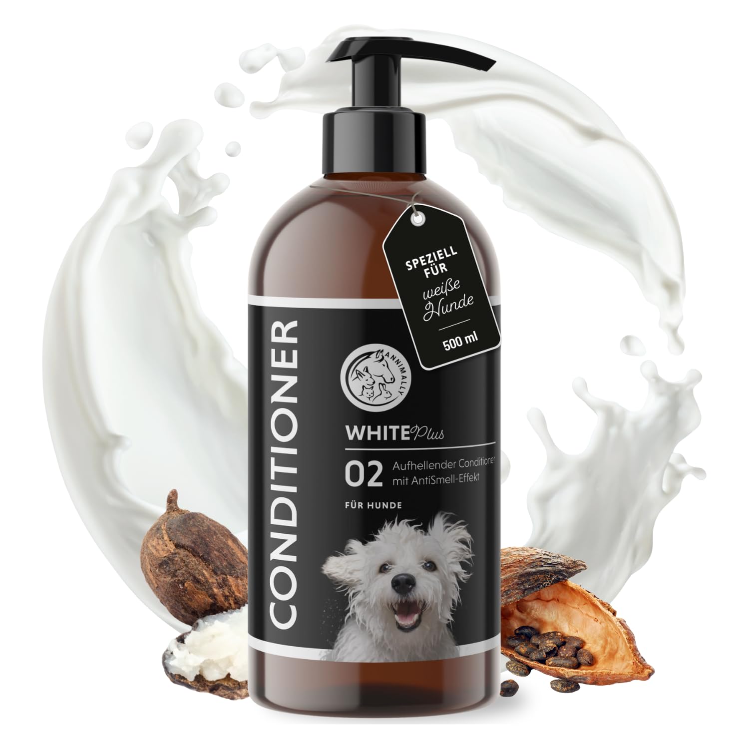 Annimally White Plus Pflegeset - Natürliches Hundeshampoo, Conditioner & Leave-In Spray mit Anti-Gelb-Effekt für weißes Fell, ph-neutrale Fleckenentfernung & Glanz ohne Bleichmittel - je 500 ml