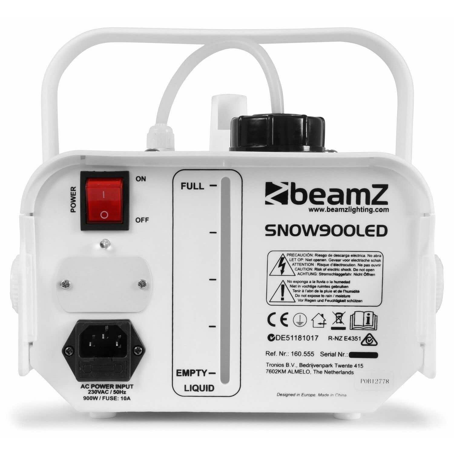 beamZ Snow 900 LED Schneemaschine Schneekanone Effektmaschine (900 Watt, farbig, RGW LEDs, 1 Liter Tank, Fernbedienung, Tragebügel) weiß