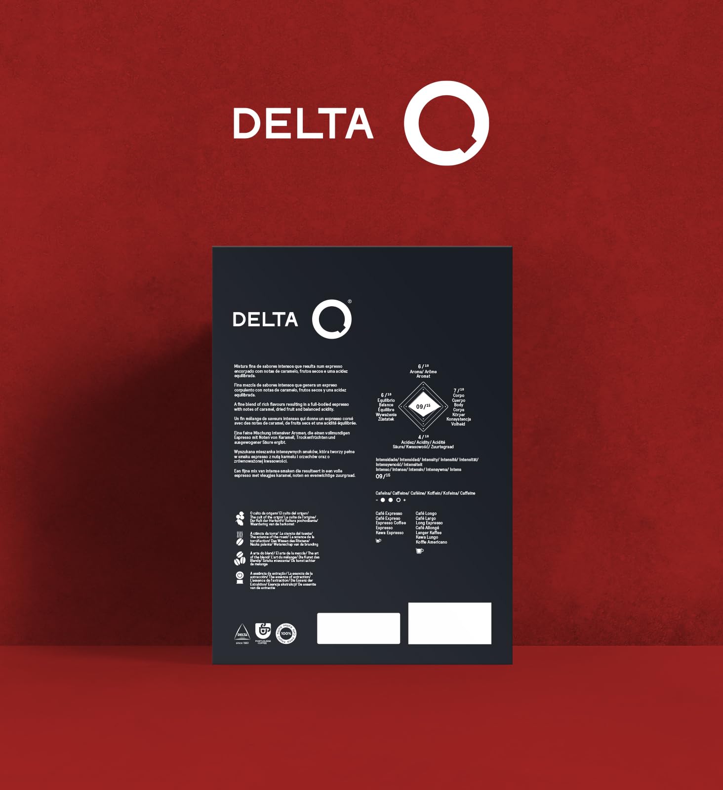 Delta Q 80 Capsules de Café Qharacter, Intensité 9 | Compatibles avec les Machines Delta Q, Espresso Intense aux Notes de Caramel et Fruits Secs, Fabriqué en Portugal