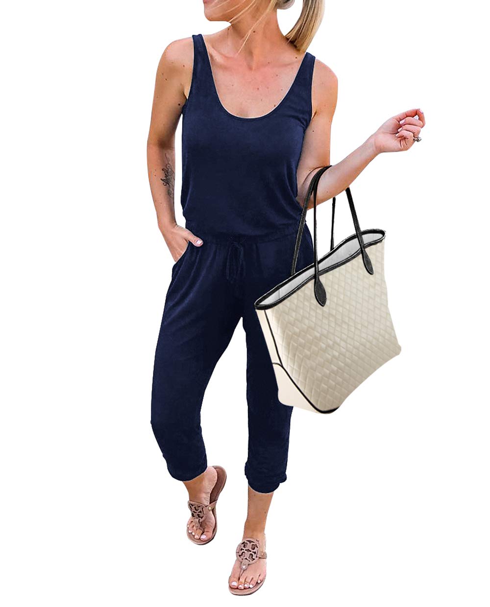 KIRUNDOWomen's 2024 Summer Jumpsuits Casual Sleeveless Jumpsuit Drawstring Elastic Waist Romper Pajama with Pockets