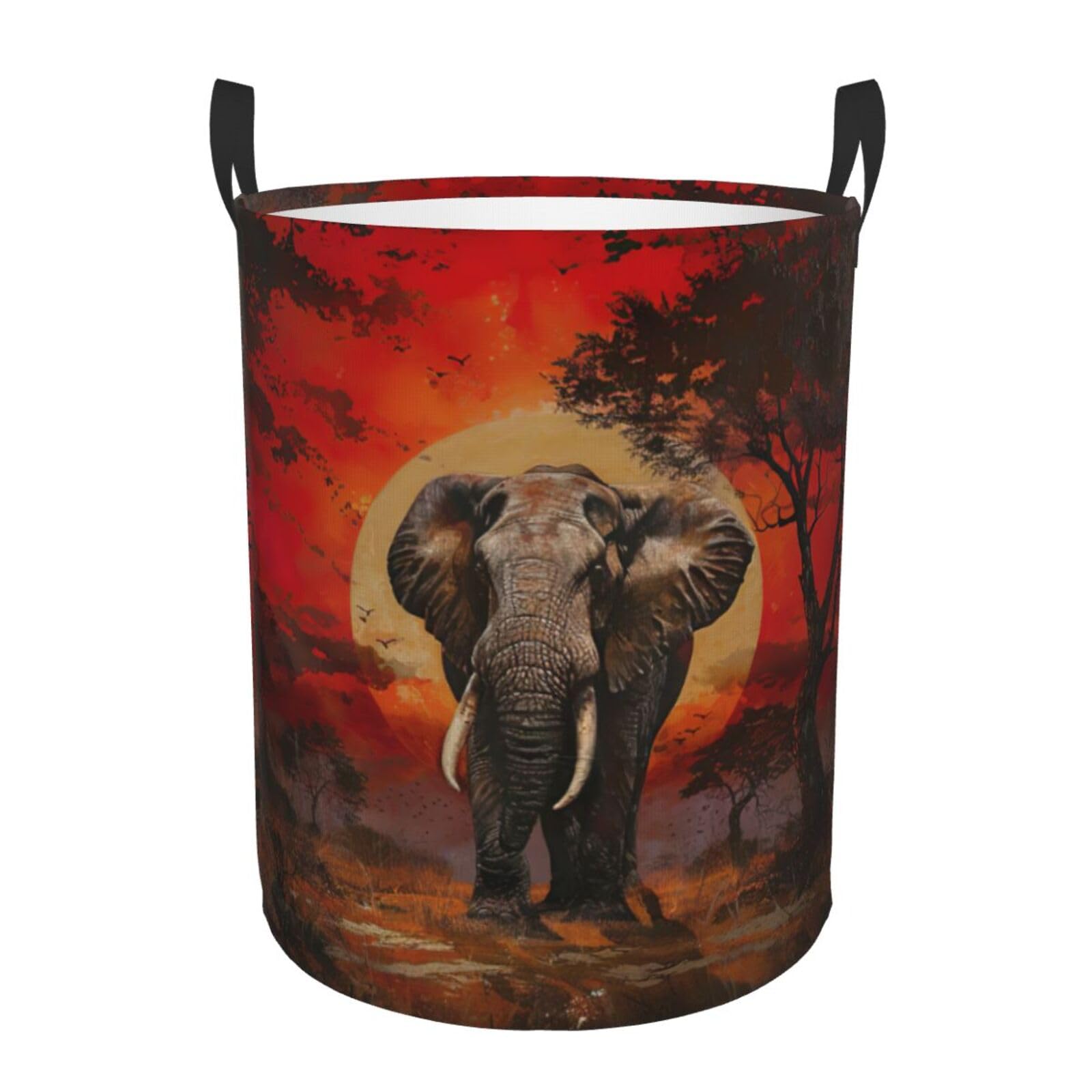 M Collapsible Laundry Hamper Round Elephant Sunset Print Storage