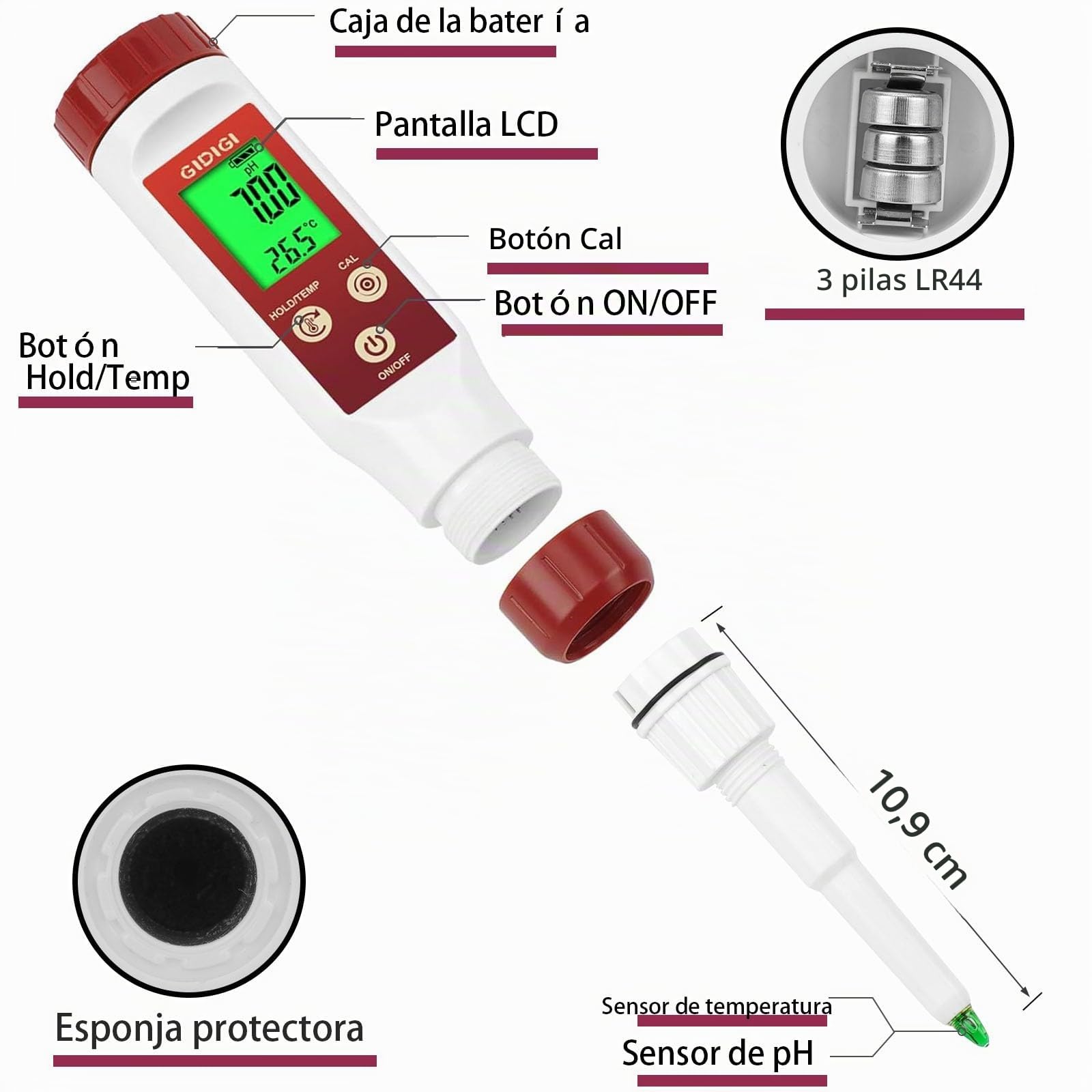 Medidor pH Alimentos Profesional con Sonda de Punta para Analizar pH y Temperatura en Líquidos y Semisólidos