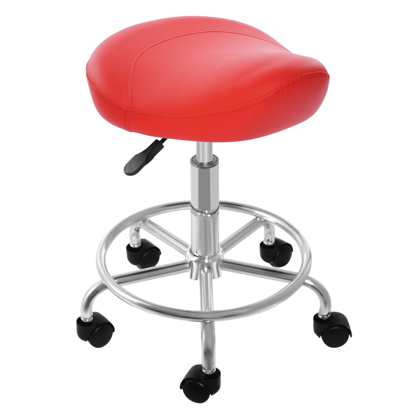 Sgabello da sella con ruote, regolabile in altezza a 360°, per ufficio, salone, massaggio, spa a casa, altezza regolabile da 45 a 59 cm (rosso)