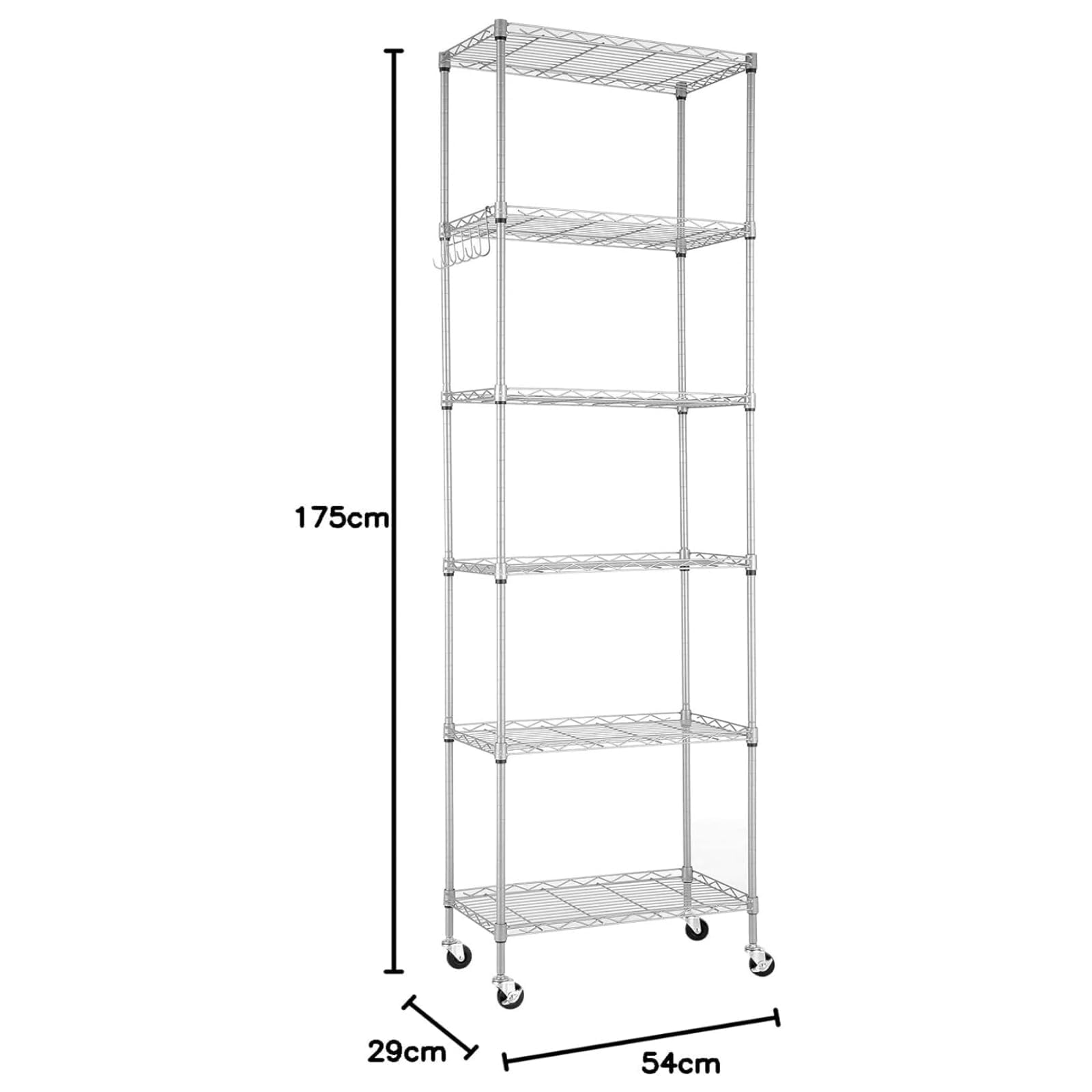 Himimi Estantería de Alambre de 6 Niveles con Ruedas, Altura Ajustable, Estante de Almacenamiento de pie Resistente con Gancho para baño, Cocina, Garaje, Dormitorio, Color Plateado