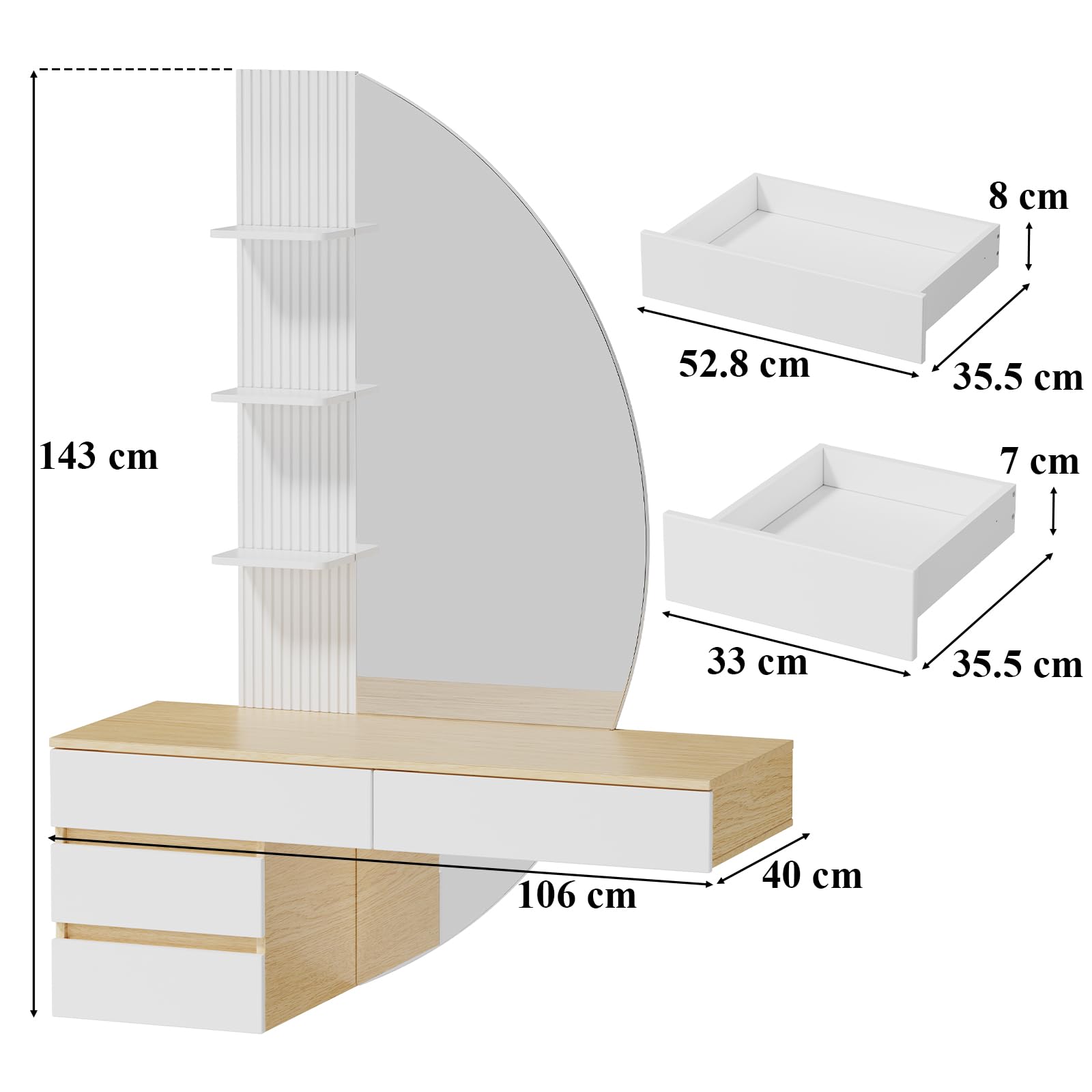 TRIUMPHKEY Tocador de Pared con Espejo en Forma de Media Luna y Luz LED Regulable, Mesa de Maquillaje Flotante con 4 Cajones y 3 Estantes, Tocador Moderno de Ahorro de Espacio para Dormitorio (Blanco)