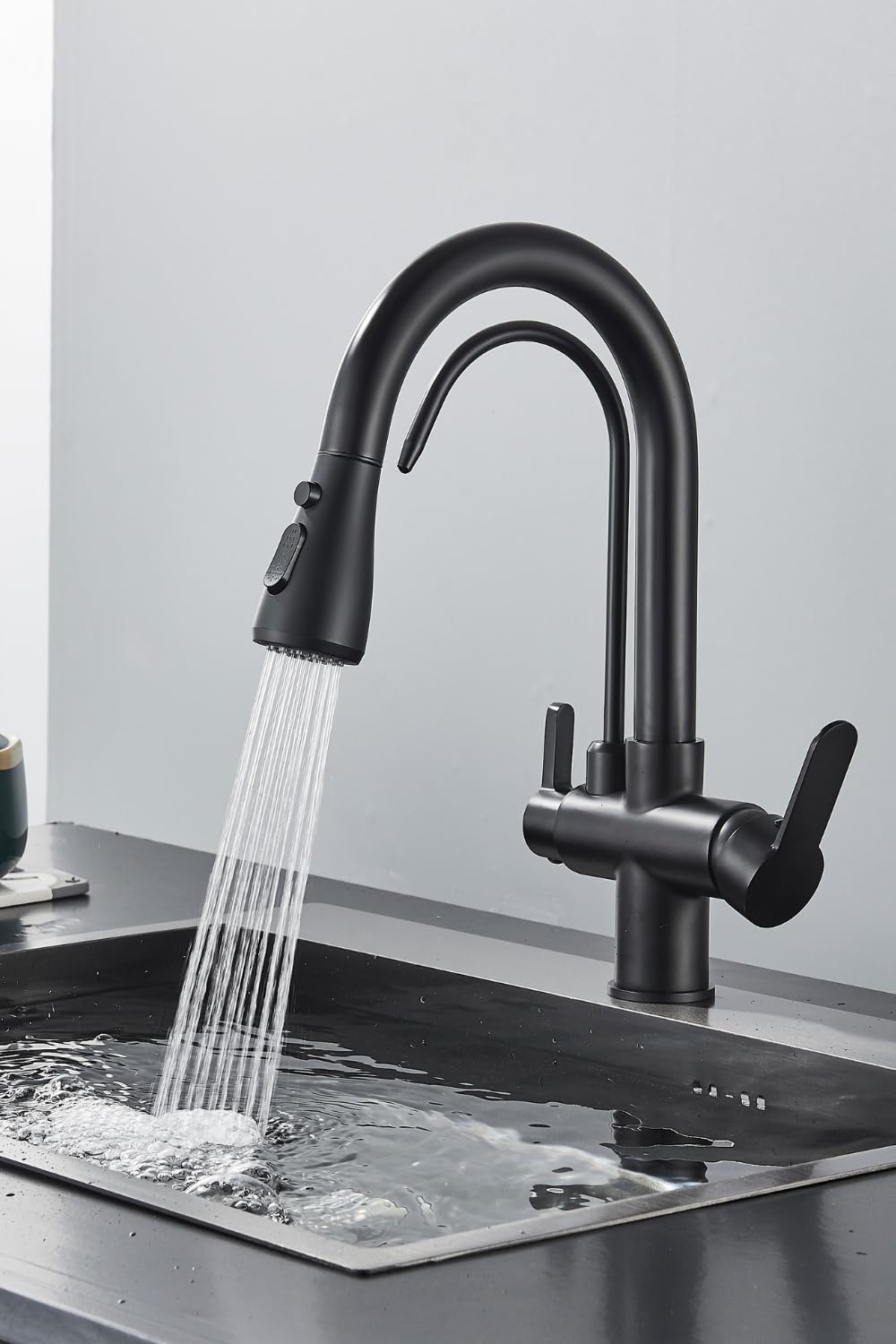 Grifo de cocina 3 vías Nordic negro mate con conexión filtro agua, manguera extraíble, giratorio 360°