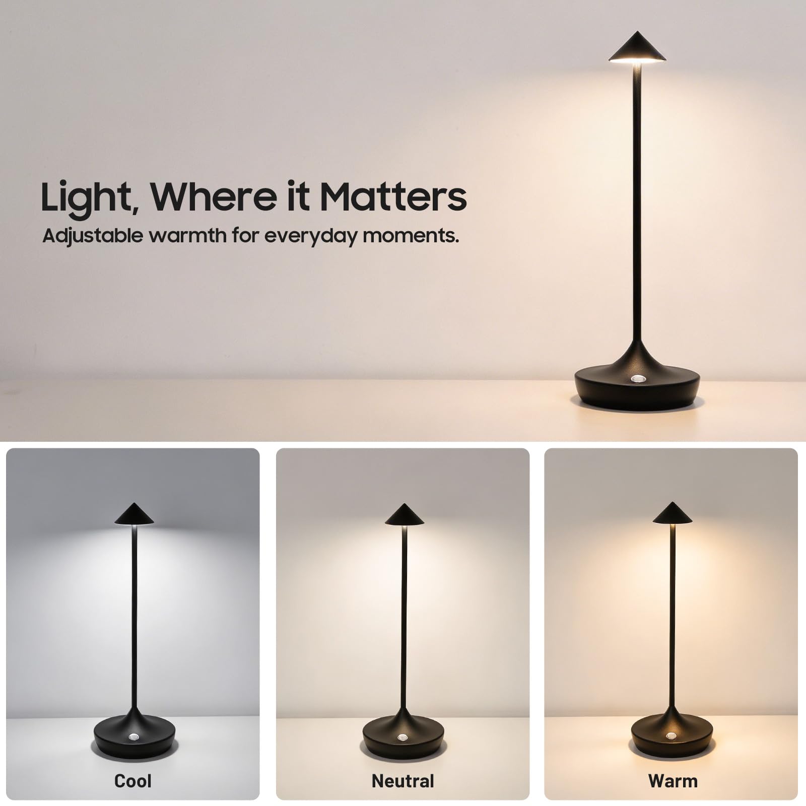 Kabellose LED-Tischlampen, wiederaufladbar, batteriebetrieben, 3 Farben, stufenlos dimmbar, tragbare Tischleuchten für Outdoor, Restaurants, Terrasse (2 x schwarz)