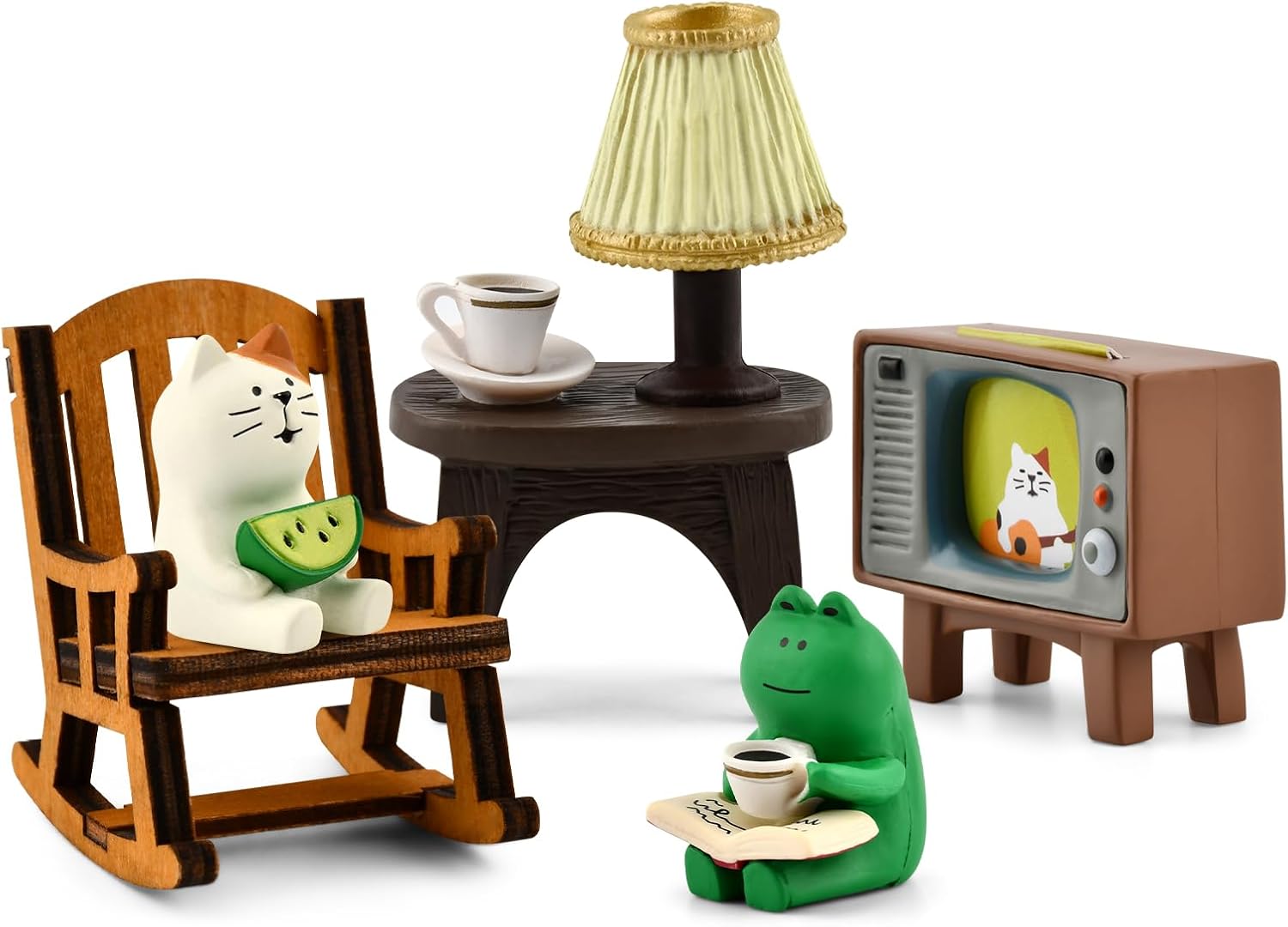5Pcs Miniature Resin Cat Frog Figurines Statue Set for Desk Shelf Decor