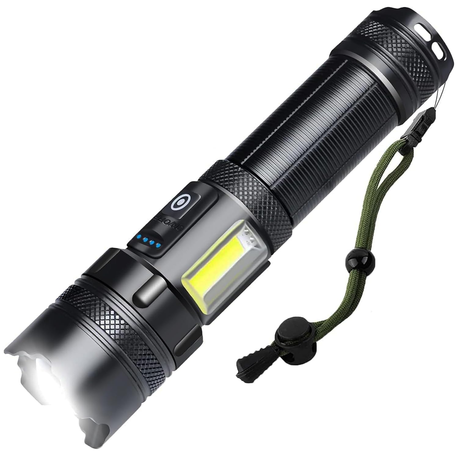 ASORT LED Taschenlampe LED Aufladbar 2000 Lumen, Extrem Hell zoombar Taktische Taschenlampen, Hauptlicht + SeiteLampe 7 Lichtmodi, IPX67 Wasserdicht für Outdoor, Camping,Wandern,Notfälle