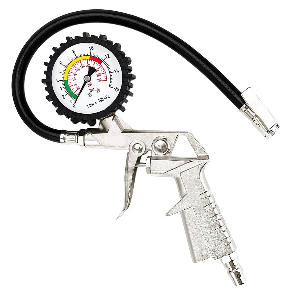 Pistola Infladora de Neumáticos con Medidor de Presión 220 PSI – Manómetro Preciso, Rango 0–16 Bar, Cuerpo Metálico, Manguera de Aire 35cm, Ideal para Coche, Moto, Camión y Bicicleta, Plata