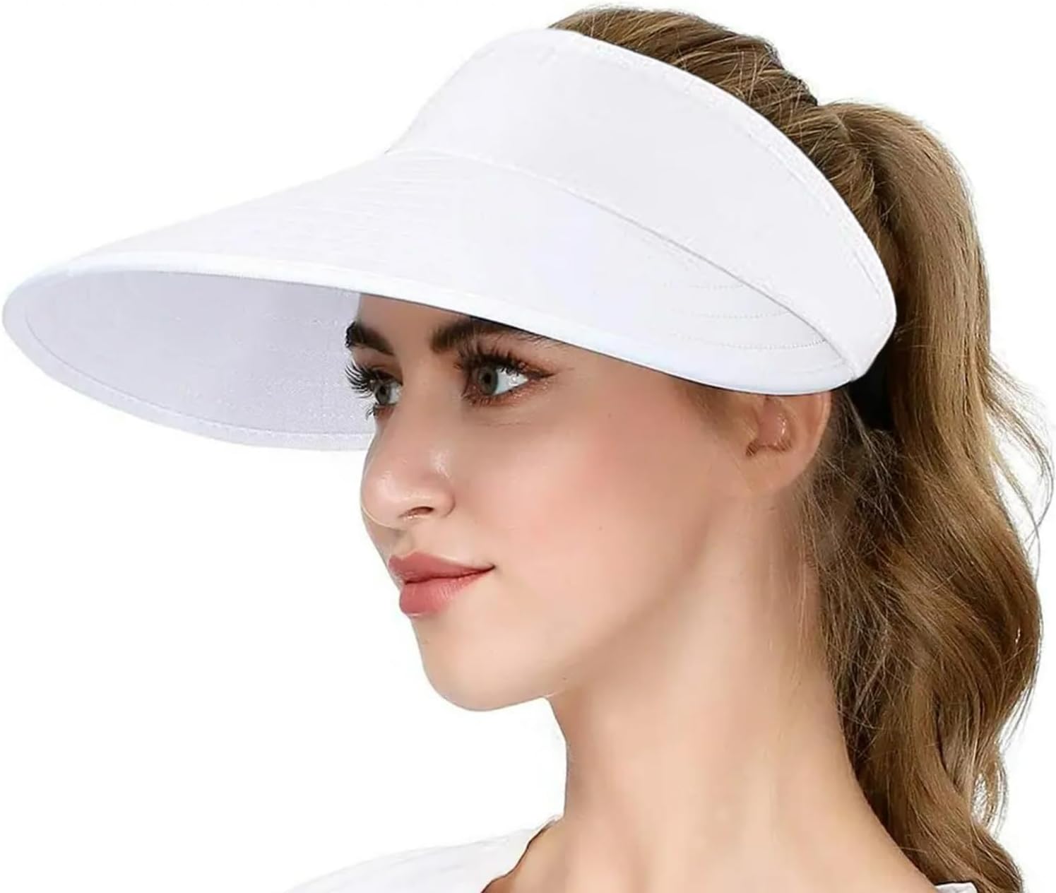Sun Visor Hats Women Large Brim Summer UV Protection Beach Cap, Wide Brim Golf Beach Cap UPF 50+ Foldable Sunhats (White)