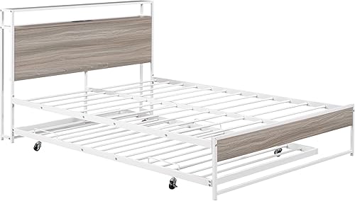 Miniatura 9 de Polibi Cama de plataforma de tamaño matrimonial con nido, marco de cama de metal y madera con cabecero, estribo, puertos de carga USB, caja de
