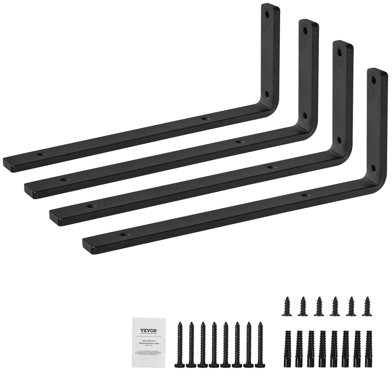 VEVOR Wspornik półki, 40 x 15 cm, 4 szt., wytrzymałe wsporniki do półek, grubość 10 mm, matowy czarny wspornik półki L, stalowe wsporniki do regałów o udźwigu 72,6 kg