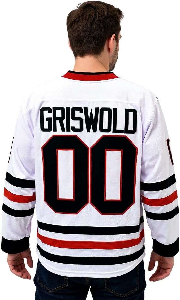 Clark Griswold 00 Deluxe Embroidered Hockey Jersey - Christmas Movie Gift - Chicago Team Uniform White Sweater Holiday Party