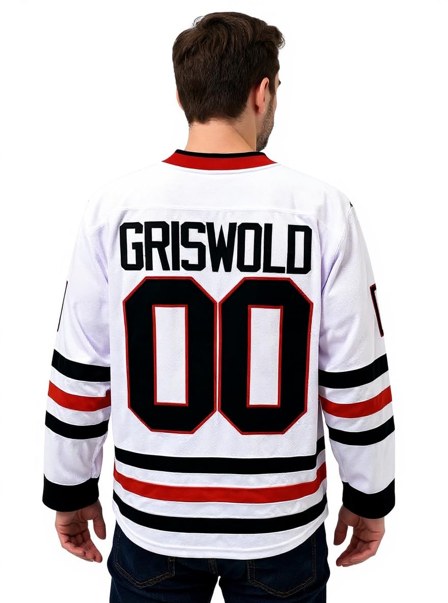 Clark Griswold 00 Deluxe Embroidered Hockey Jersey - Christmas Movie Gift - Chicago Team Uniform White Sweater Holiday Party, White, Large