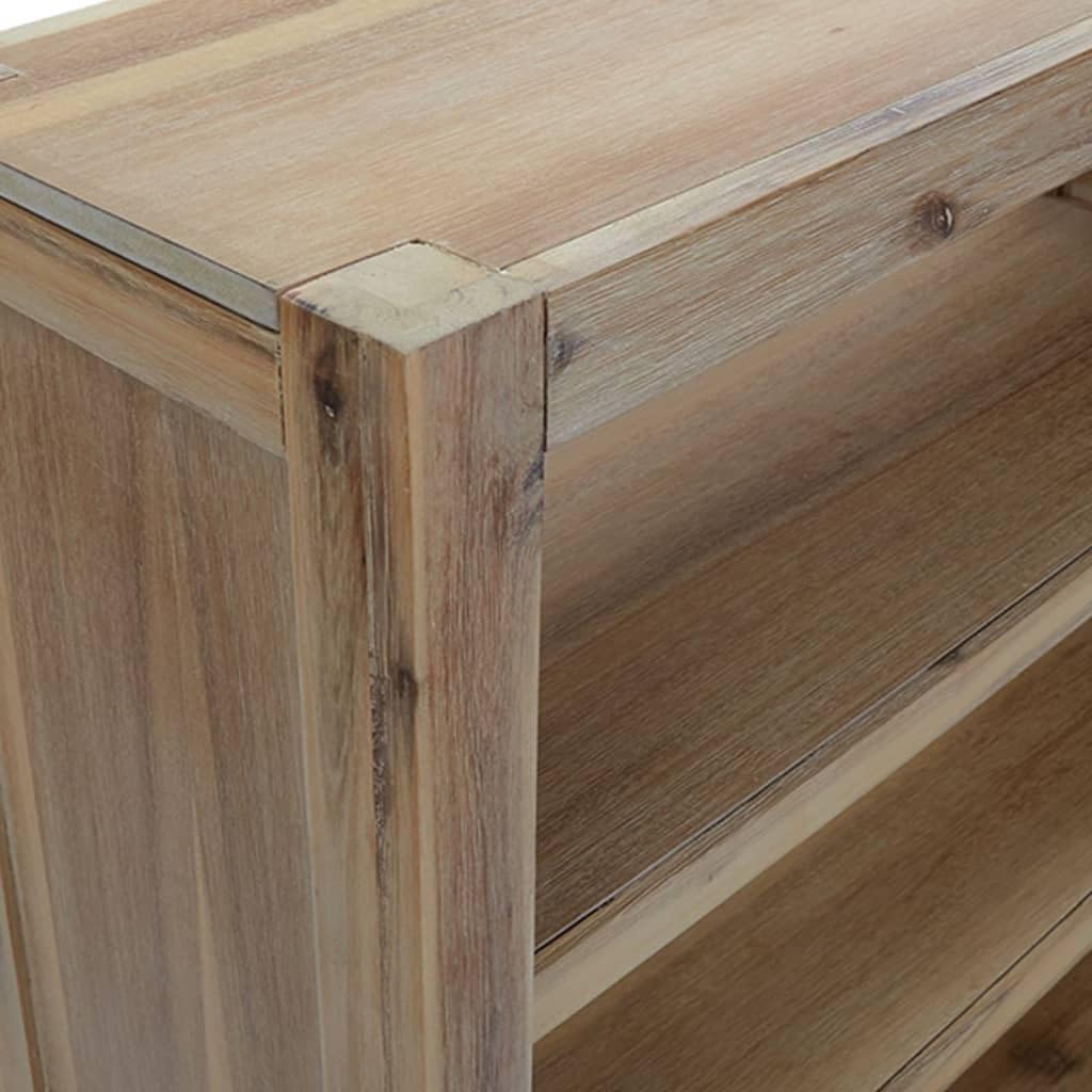 Close-up of the brushed acacia wood finish on the bookcase corner
